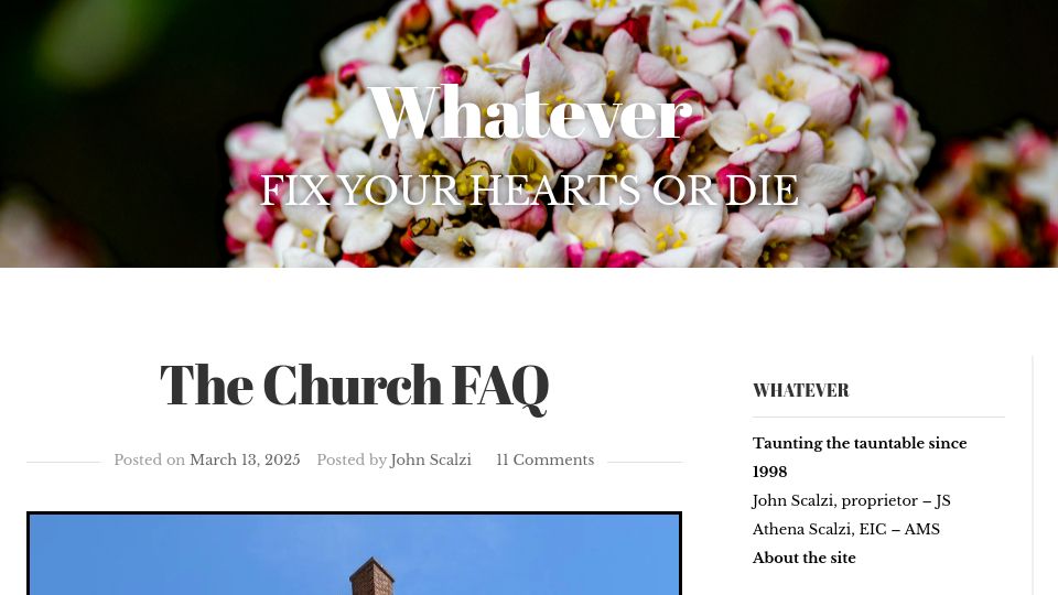 Screenshot of whatever.scalzi.com: The Church FAQ