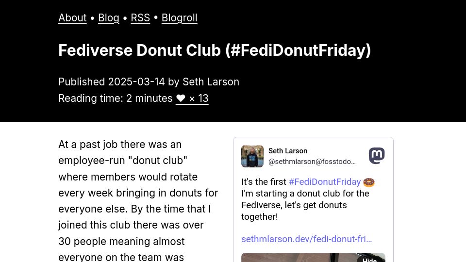 Screenshot of sethmlarson.dev: Fediverse Donut Club