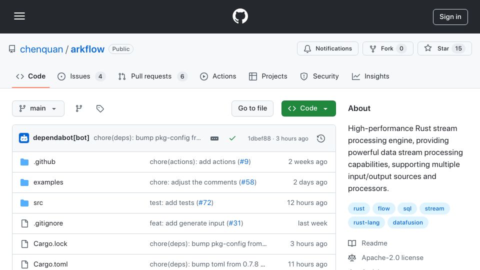 Screenshot of github.com: ArkFlow – High-performance Rust stream processing engine