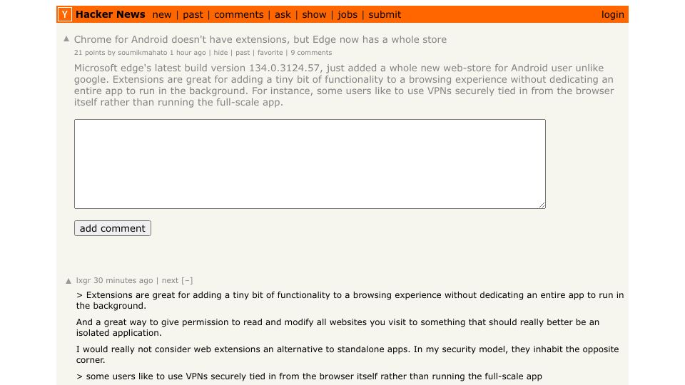 Screenshot of Hacker News post: Chrome for Android doesn't have extensions, but Edge now has a whole store