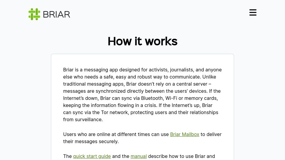 Screenshot of briarproject.org: Briar: Peer to Peer Encrypted Messaging