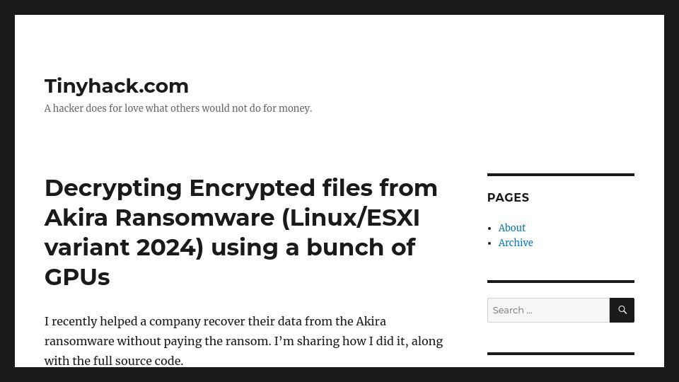 Screenshot of tinyhack.com: Decrypting encrypted files from Akira ransomware using a bunch of GPUs