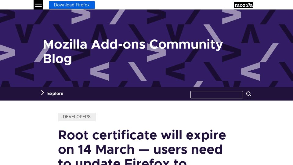 Screenshot of blog.mozilla.org: Certificate will expire on 14 March – update Firefox to prevent add-on breakage