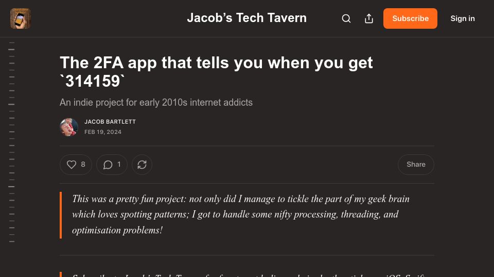 Screenshot of blog.jacobstechtavern.com: A 2FA app that tells you when you get `314159` (2024)