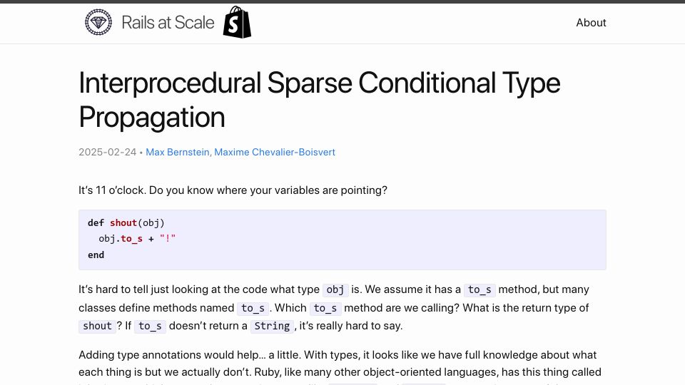Screenshot of railsatscale.com: Interprocedural Sparse Conditional Type Propagation