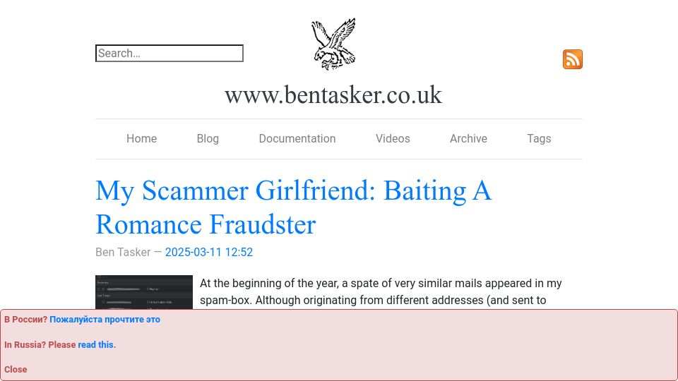 Screenshot of bentasker.co.uk: My Scammer Girlfriend: Baiting a Romance Fraudster