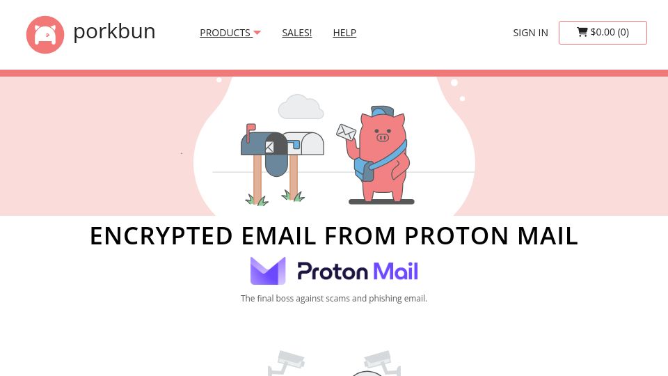 Screenshot of porkbun.com: Porkbun partners with Proton