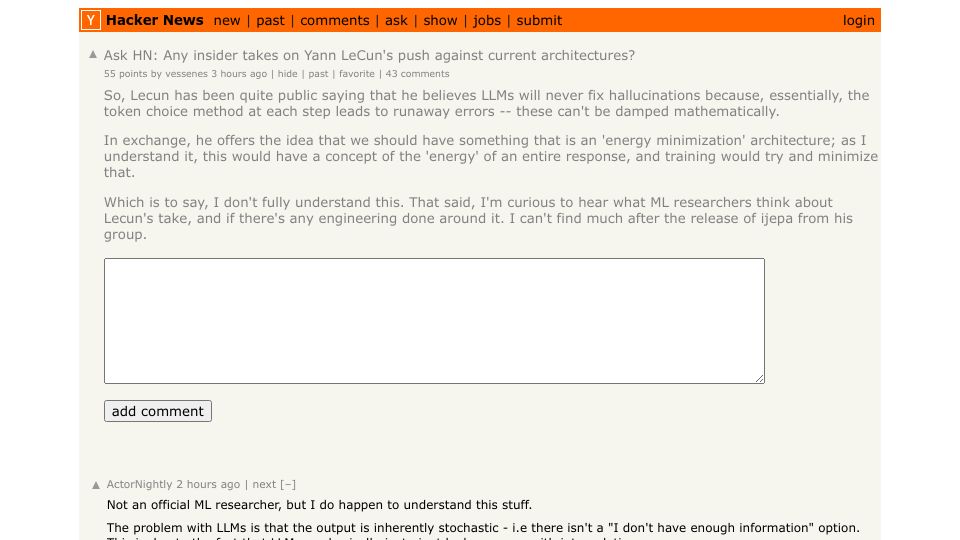 Screenshot of Hacker News post: Ask HN: Any insider takes on Yann LeCun's push against current architectures?