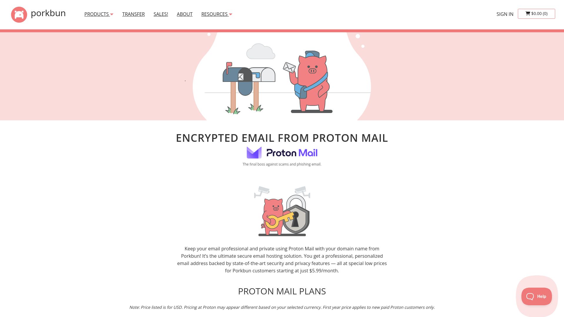 Screenshot of porkbun.com: Porkbun partners with Proton