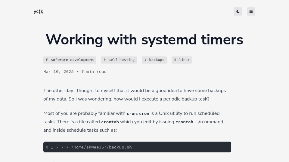 Screenshot of yieldcode.blog: Working with Systemd Timers