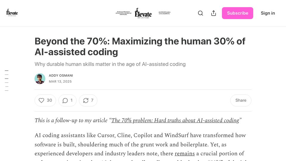 Screenshot of addyo.substack.com: Beyond the 70%: Maximizing the human 30% of AI-assisted coding
