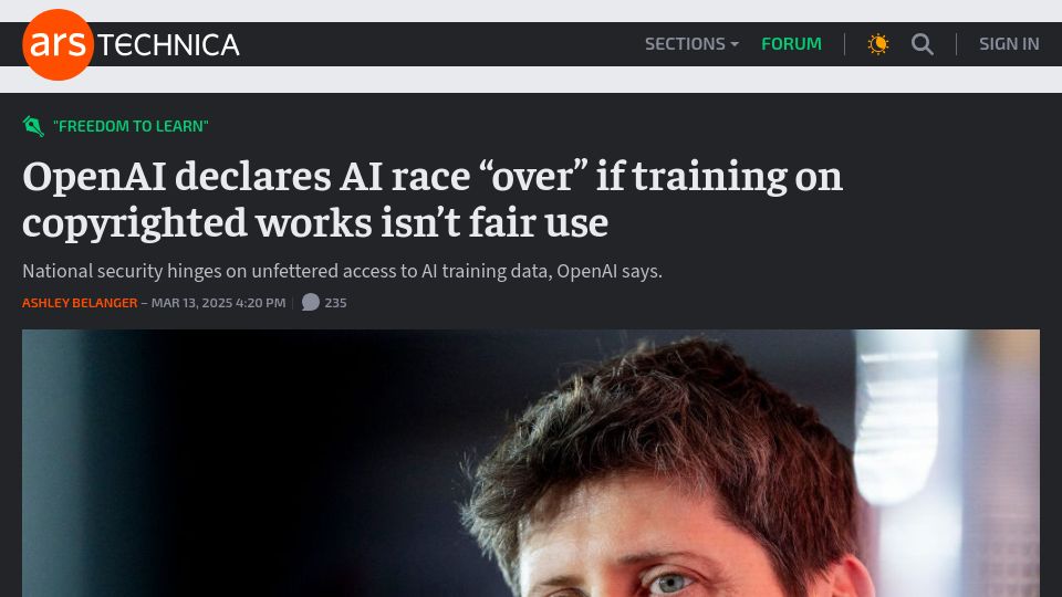 Screenshot of arstechnica.com: OpenAI declares AI race "over" if training on copyrighted works isn't fair use