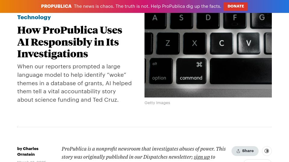 Screenshot of propublica.org: How ProPublica Uses AI in Its Investigations