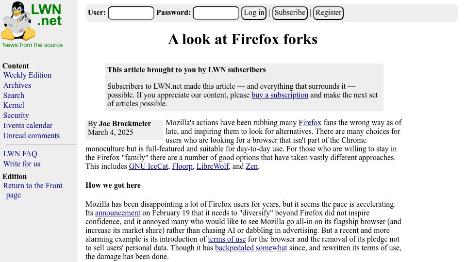 Screenshot of lwn.net: A look at Firefox forks
