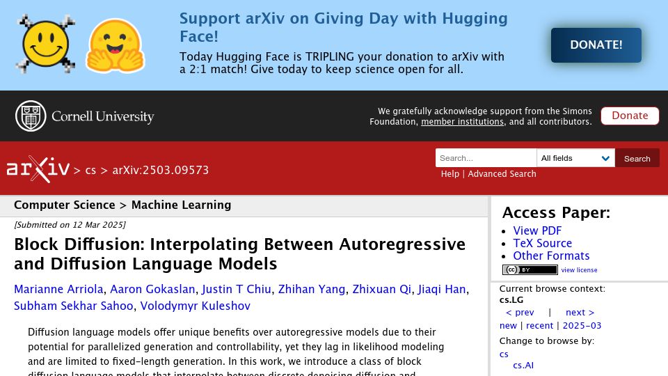 Screenshot of arxiv.org: Block Diffusion: Interpolating between autoregressive and diffusion models