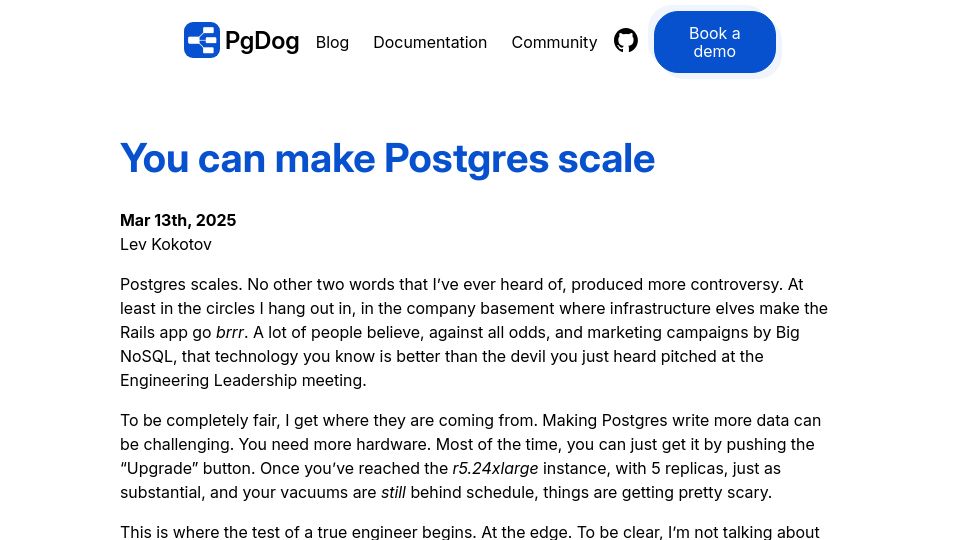 Screenshot of pgdog.dev: Making Postgres scale