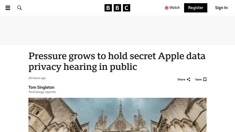 Screenshot of bbc.com: Pressure grows to hold secret Apple data privacy hearing in public
