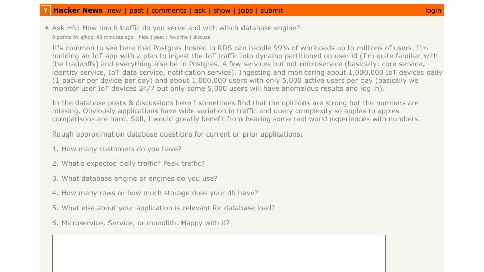 Screenshot of Hacker News post: Ask HN: How much traffic do you serve and with which database engine?