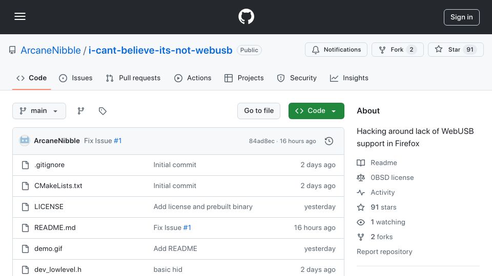 Screenshot of github.com: I-cant-believe-its-not-webusb: Hacking around lack of WebUSB support in Firefox