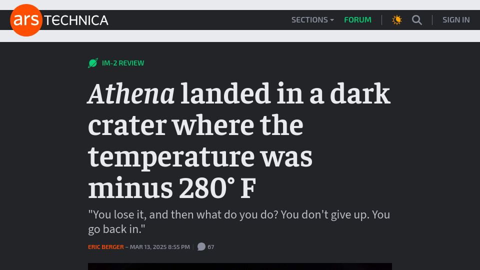 Screenshot of arstechnica.com: Athena landed in a dark crater where the temperature was -280° F / -173° C