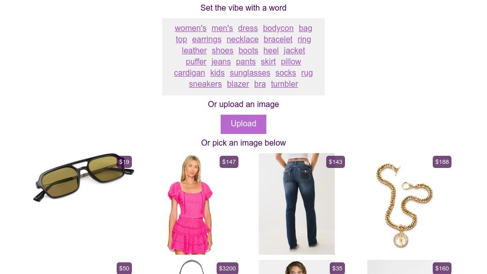 Screenshot of vibewall.shop: Show HN: Fashion Shopping with Nearest Neighbors