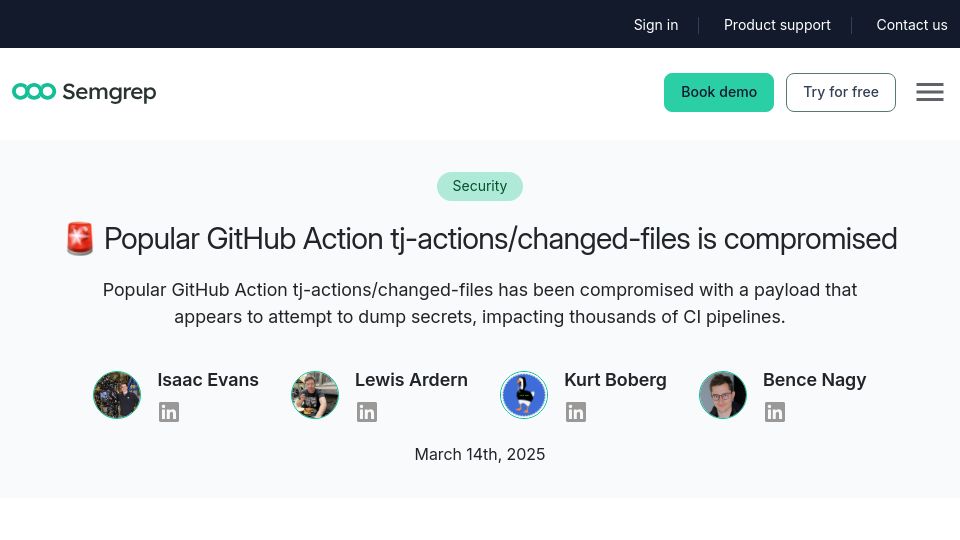 Screenshot of semgrep.dev: Popular GitHub Action tj-actions/changed-files is compromised
