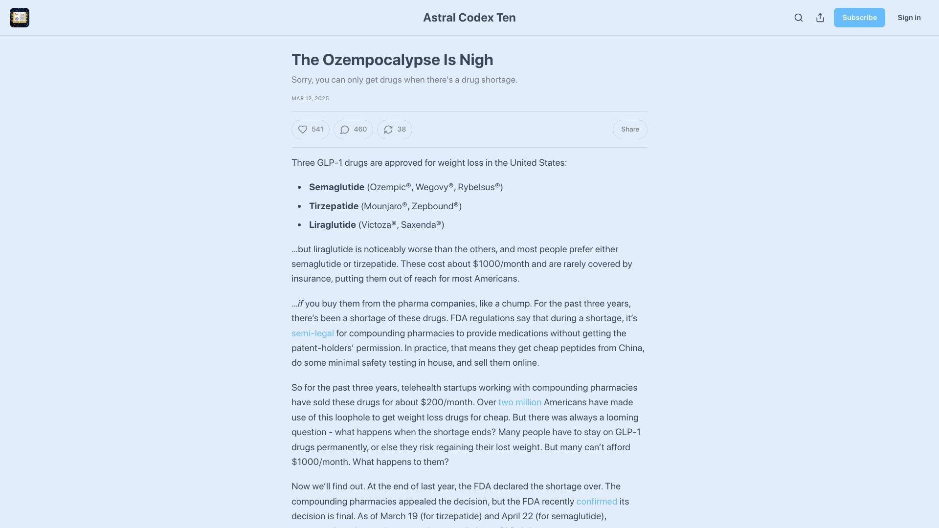 Screenshot of astralcodexten.com: The Ozempocalypse Is Nigh