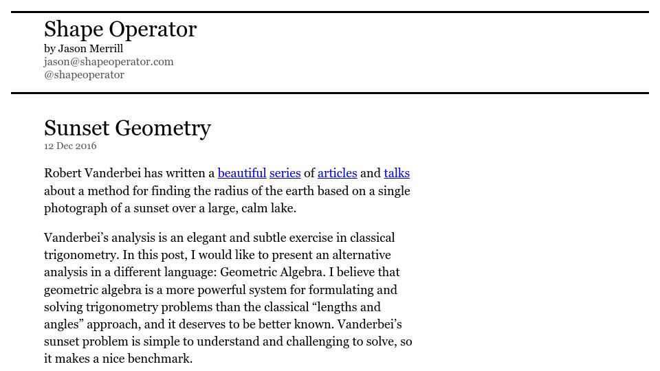 Screenshot of shapeoperator.com: Sunset Geometry (2016)