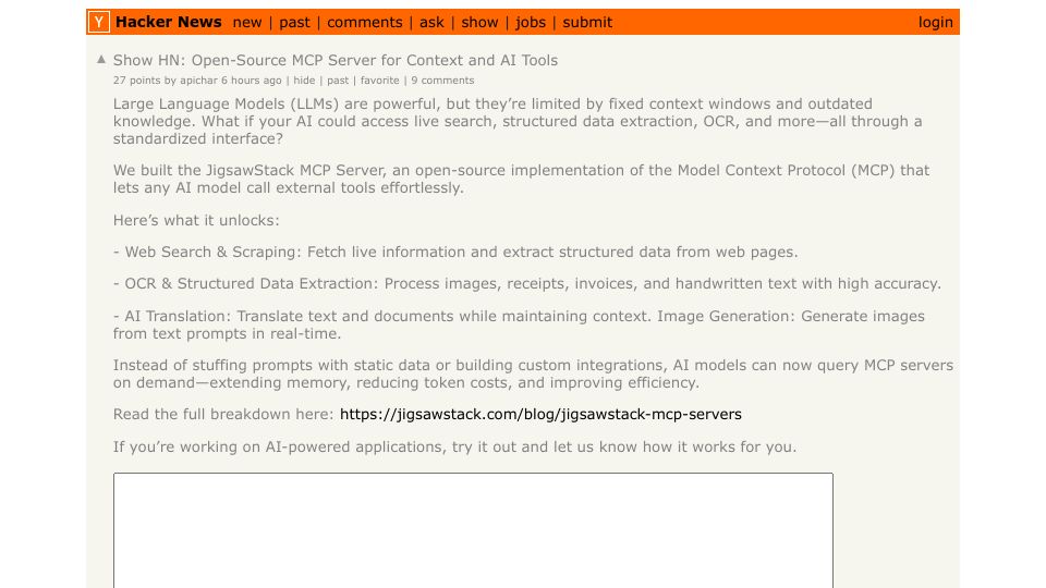 Screenshot of Hacker News post: Show HN: Open-Source MCP Server for Context and AI Tools