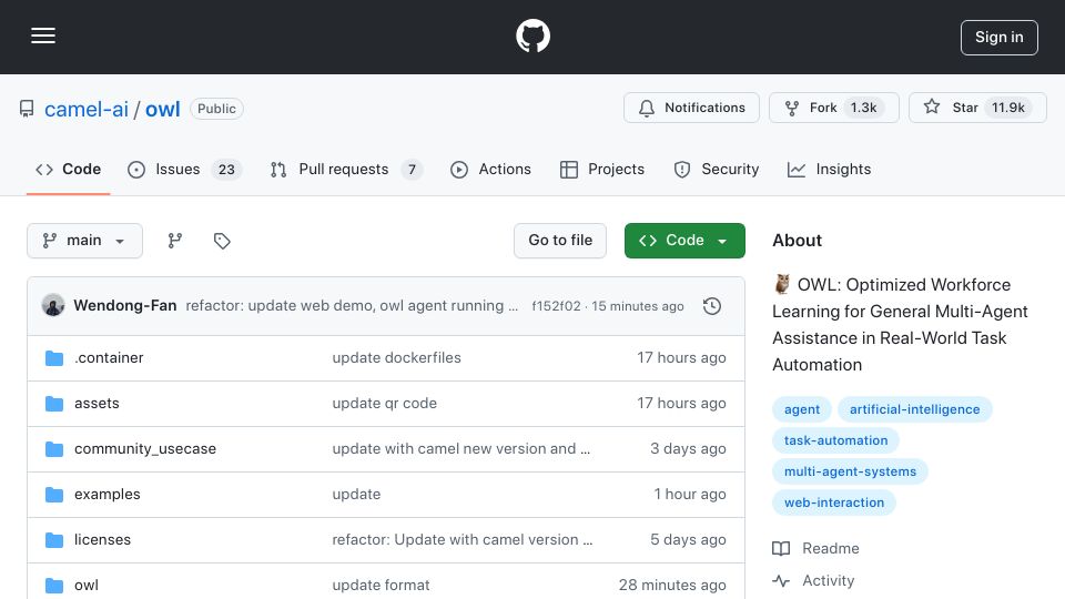 Screenshot of github.com: Owl: Optimized Workforce Learning for multi-agent collaboration