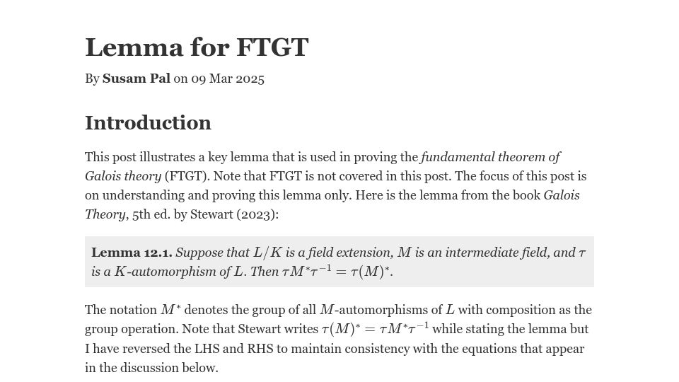 Screenshot of susam.net: Lemma for the Fundamental Theorem of Galois Theory