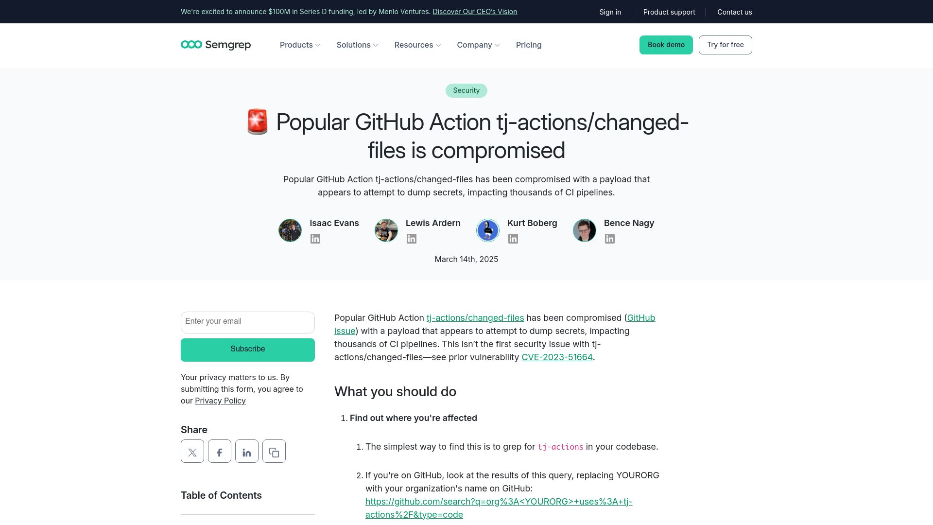 Screenshot of semgrep.dev: Popular GitHub Action tj-actions/changed-files is compromised