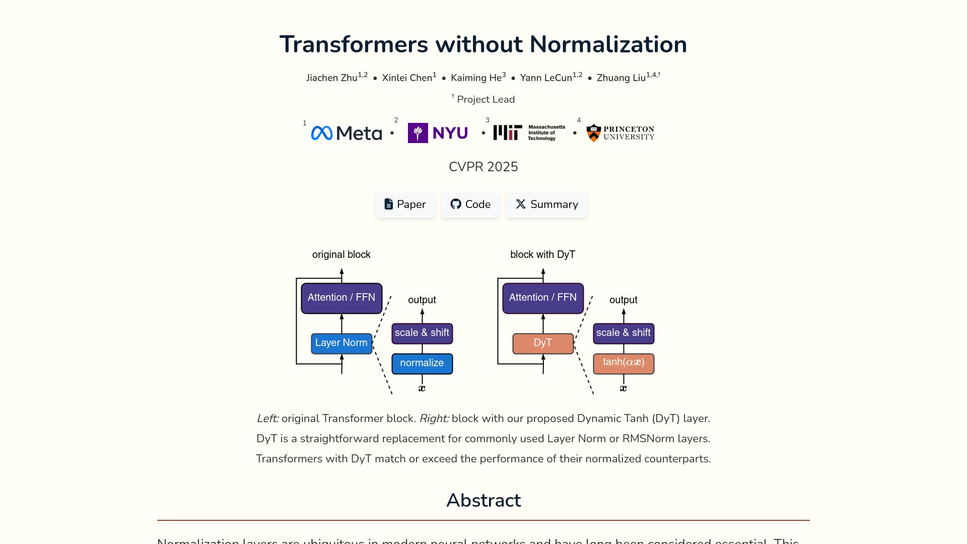 Screenshot of jiachenzhu.github.io: Transformers Without Normalization