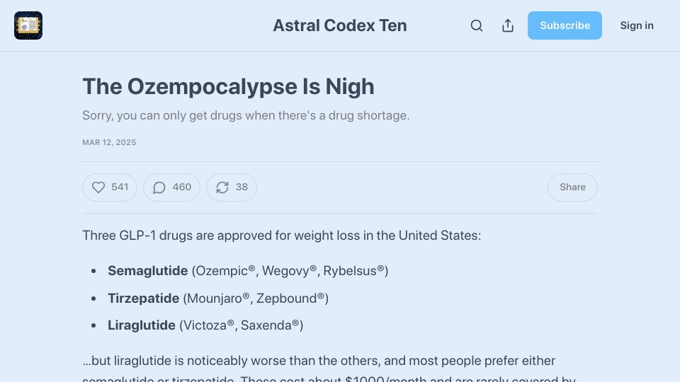 Screenshot of astralcodexten.com: The Ozempocalypse Is Nigh