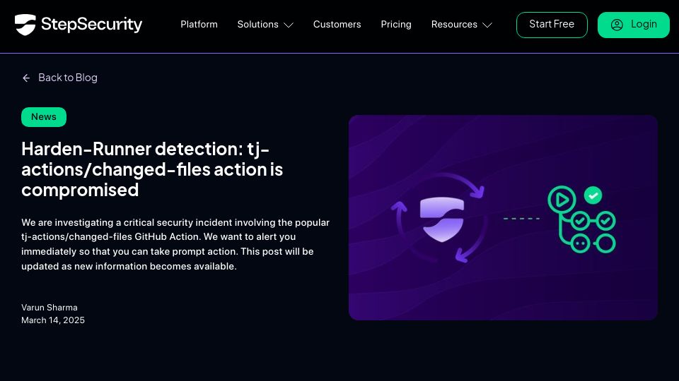 Screenshot of stepsecurity.io: Tj-actions/changed-files GitHub Action Compromised – used by over 23K repos