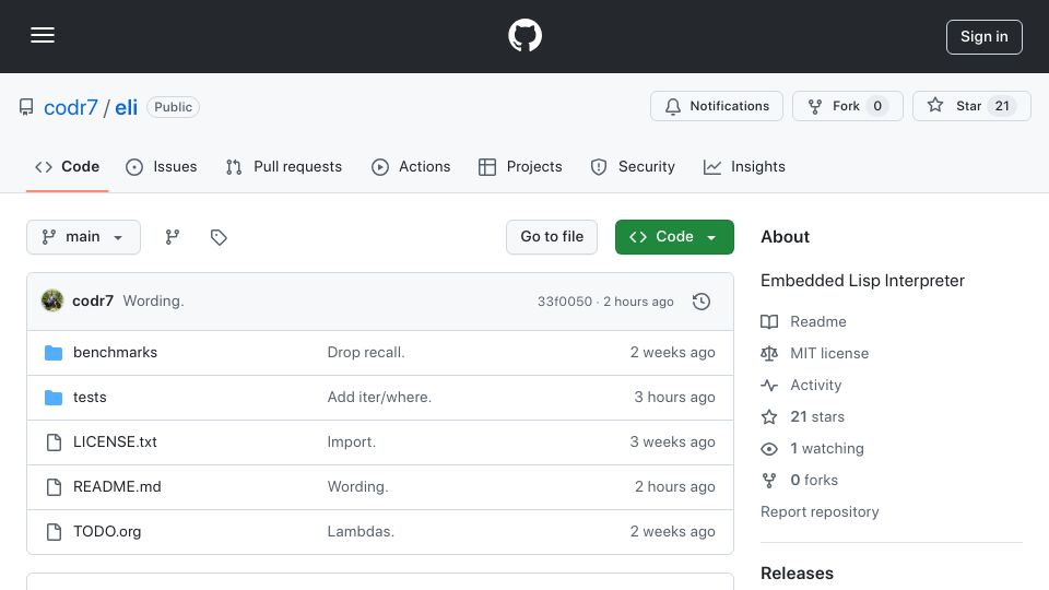 Screenshot of github.com: Show HN: eli – Embedded Lisp Interpreter