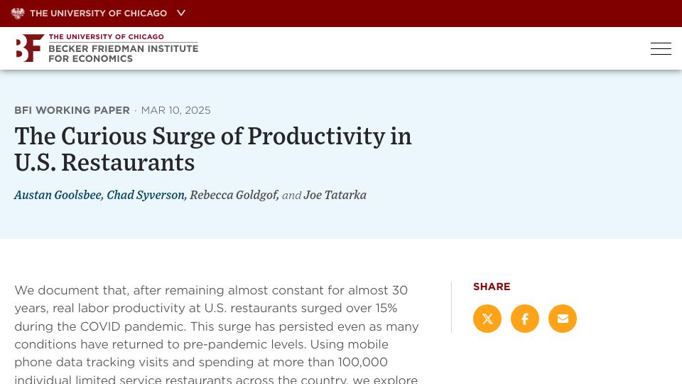 Screenshot of bfi.uchicago.edu: The curious surge of productivity in U.S. restaurants