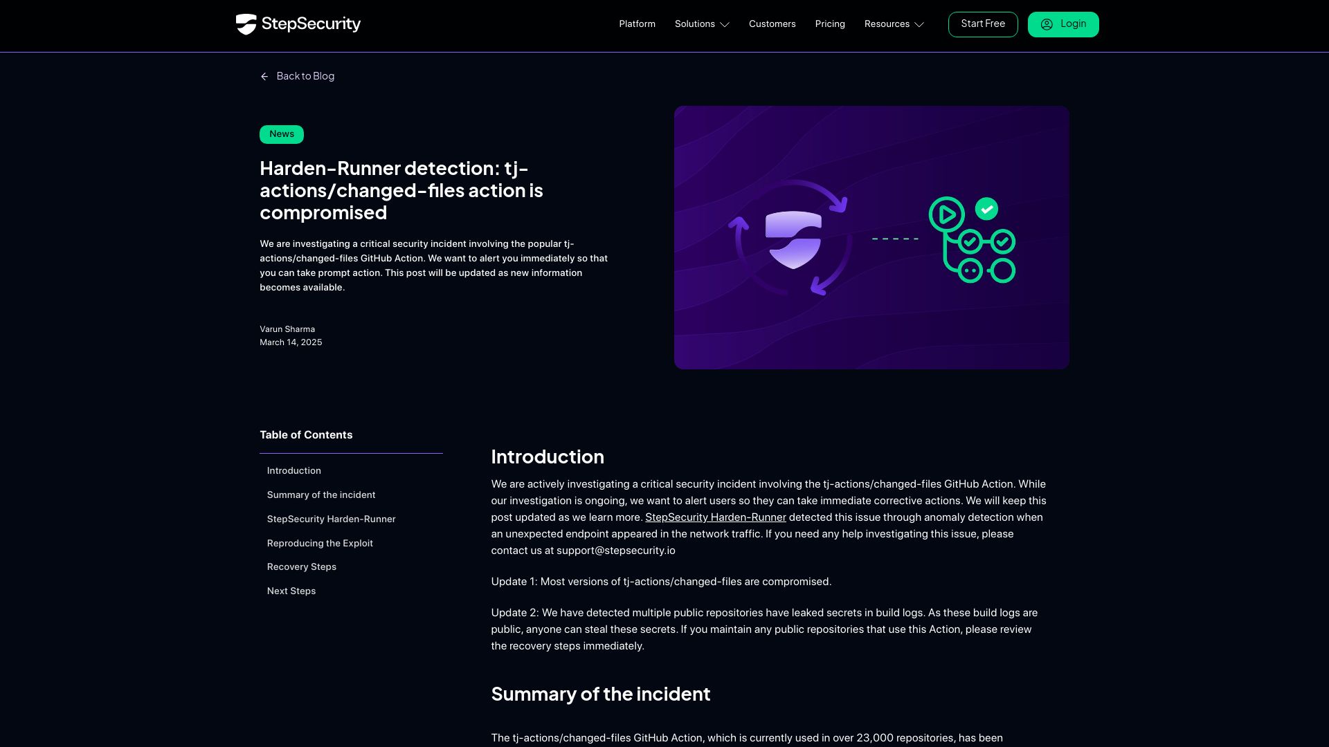Screenshot of stepsecurity.io: Tj-actions/changed-files GitHub Action Compromised – used by over 23K repos