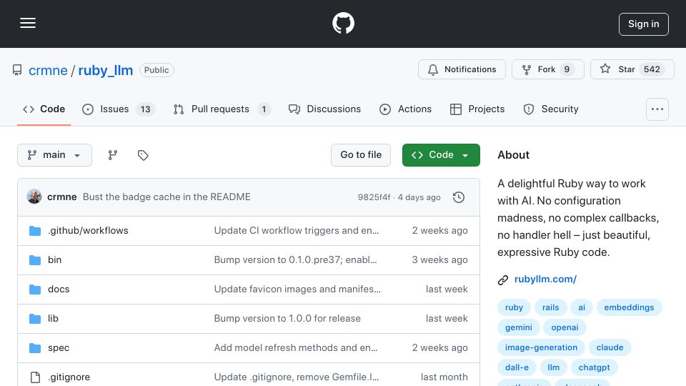 Screenshot of github.com: RubyLLM: A delightful Ruby way to work with AI