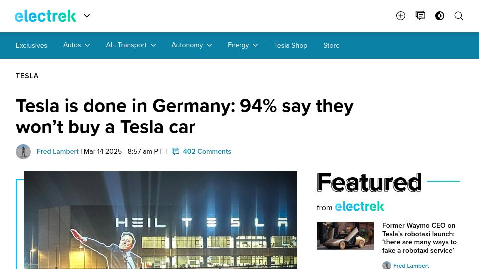 Screenshot of electrek.co: Tesla is done in Germany: 94% say they won't buy a Tesla car