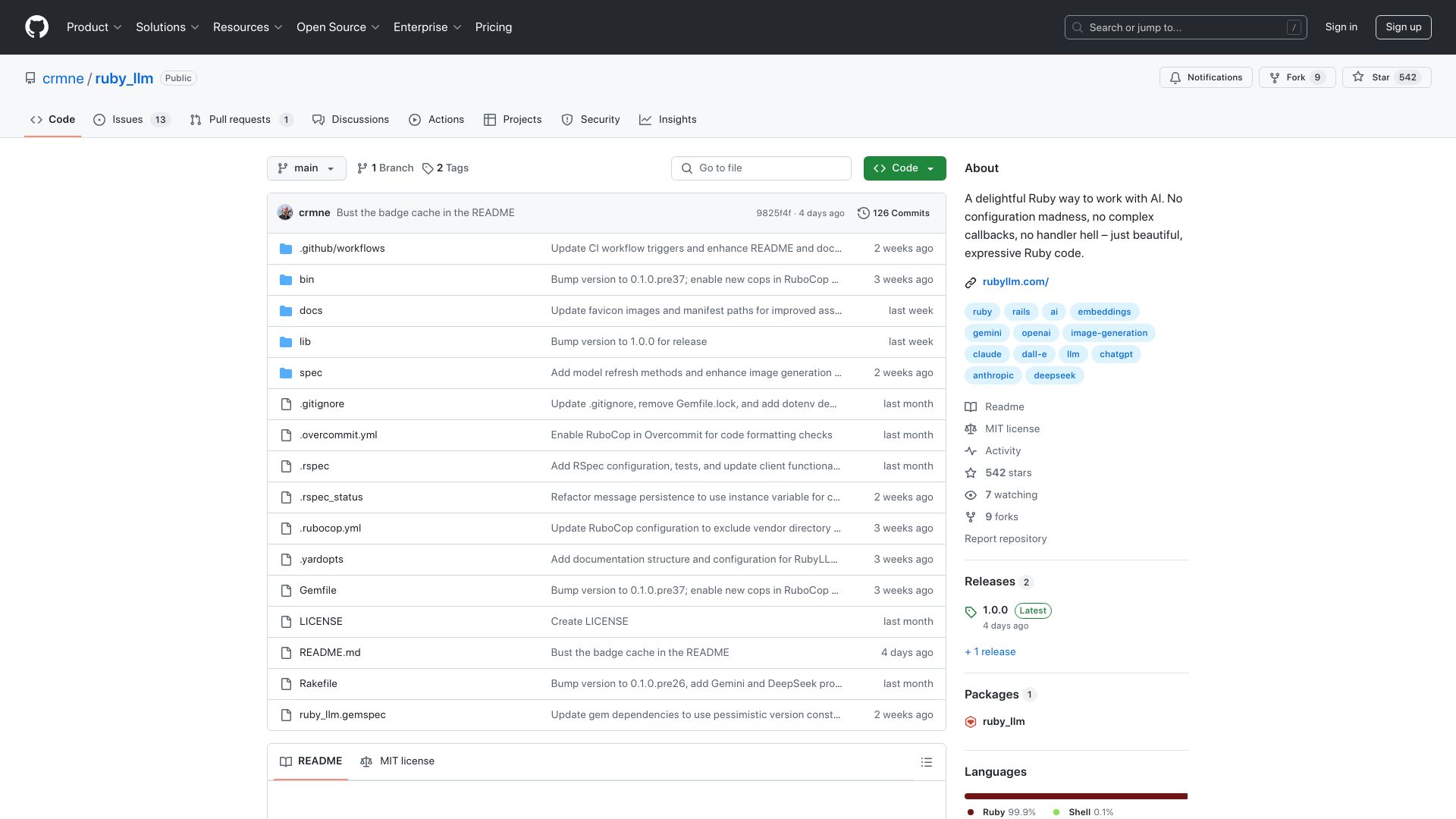 Screenshot of github.com: RubyLLM: A delightful Ruby way to work with AI