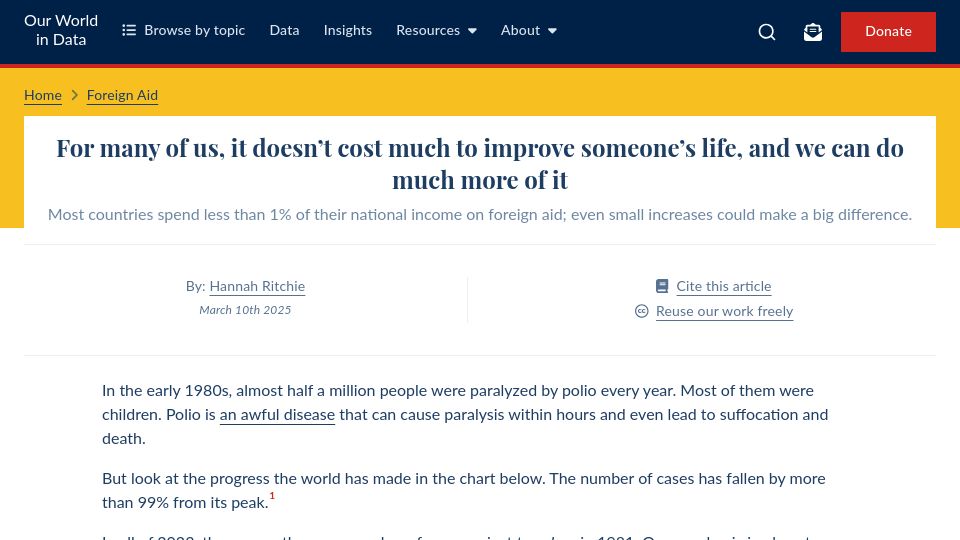 Screenshot of ourworldindata.org: It doesn't cost much to improve someone's life