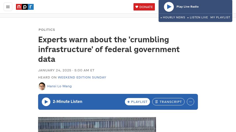 Screenshot of npr.org: Experts warn about the 'crumbling infrastructure' of federal government data