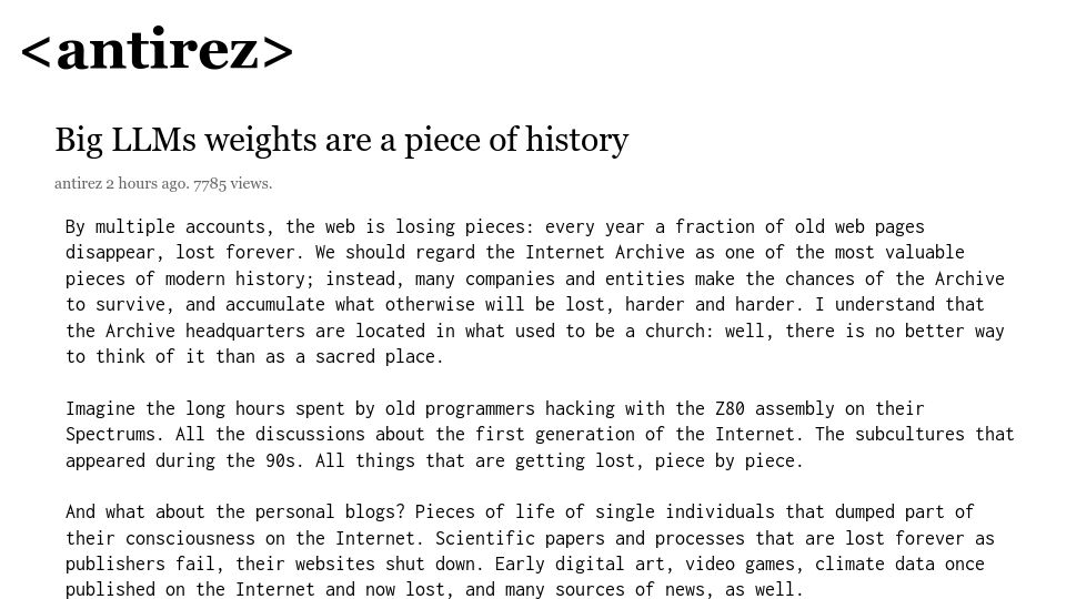 Screenshot of antirez.com: Big LLMs weights are a piece of history