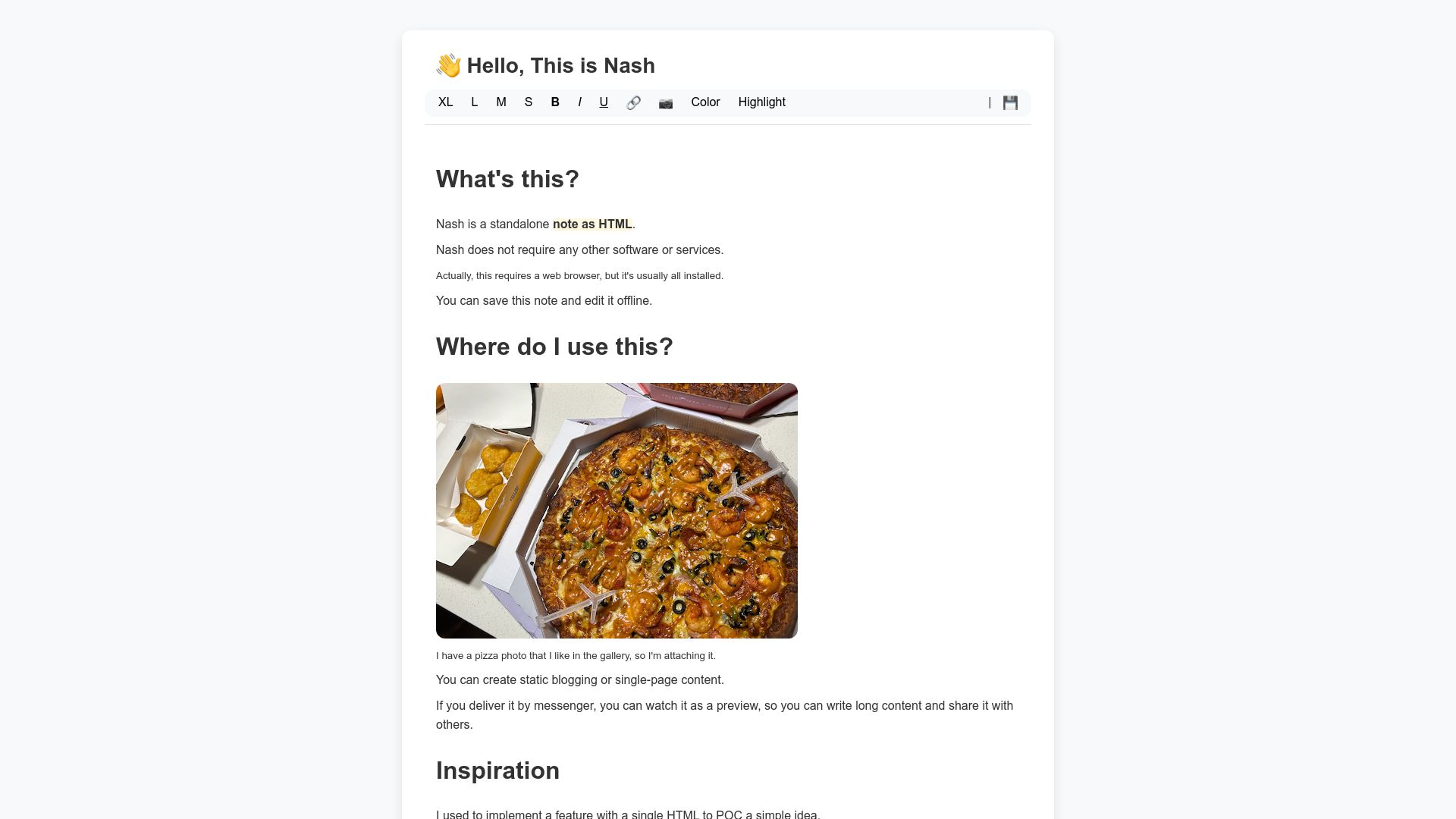Screenshot of keepworking.github.io: Show HN: Nash, I made a standalone note with single HTML file