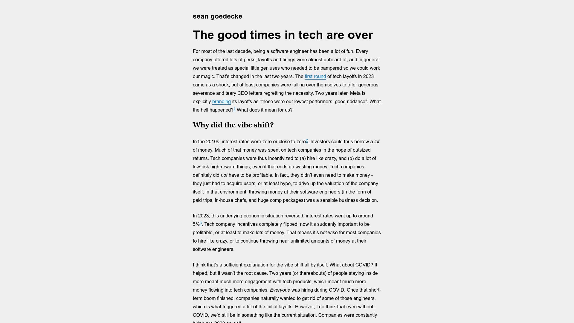 Screenshot of seangoedecke.com: The good times in tech are over