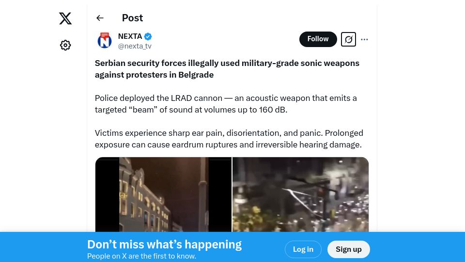 Screenshot of twitter.com: Military grade sonic weapon is used against protesters in Serbia