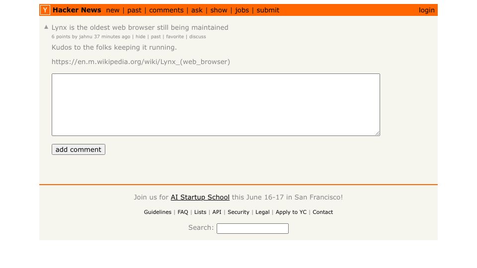 Screenshot of Hacker News post: Lynx is the oldest web browser still being maintained