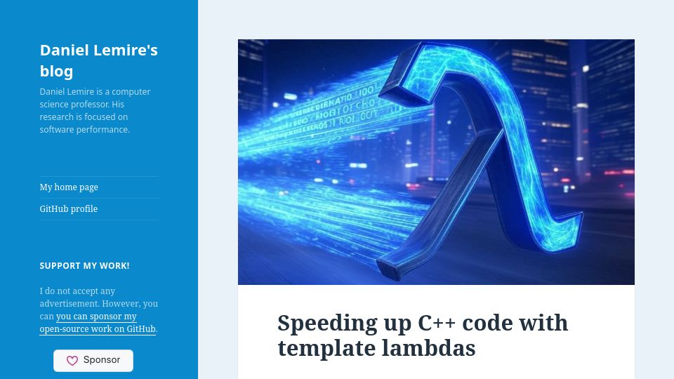 Screenshot of lemire.me: Speeding up C++ code with template lambdas