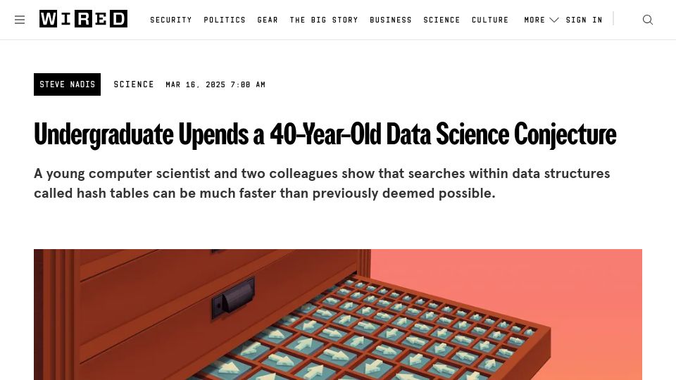 Screenshot of wired.com: Undergraduate Upends a 40-Year-Old Data Science Conjecture